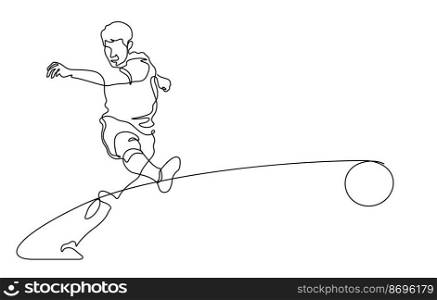 footballer kicking a ball as a long pass,shooting,salvo for a goal line art vector illustration. Continuous line drawing style isolated on white background