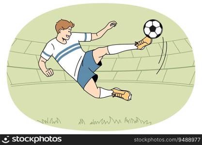 Footballer player kick ball at field. Footballer in uniform score goal in match. Sport and game concept. Vector illustration.. Footballer kick ball on field