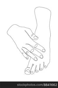 Footcare, To apply foot cream with hand. One continuous thin Line Illustration vector concept. Contour Drawing Creative ideas.