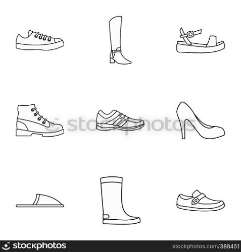 Footgear icons set. Outline illustration of 9 footgear vector icons for web. Footgear icons set, outline style
