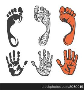 Footprint and hand print silhouettes. Vector black red and linear foot print and hand print silhouettes