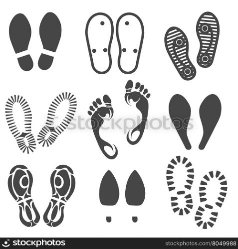 Footprint and shoes prints set. Prints on white. Footprint and shoes prints vector set