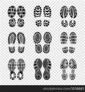 Footprint human. Walking boots soles steps silhouettes vector template printing texture. Illustration of imprint and footprint, foot silhouette. Footprint human. Walking boots soles steps silhouettes vector template printing texture