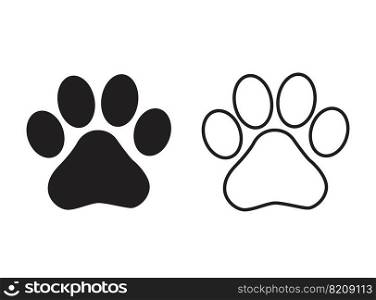 Footprint pet. Paw prints. Dog or cat vector, icon. Foot puppy isolated on white background. Black silhouette paw. Cute shape paw print. Walks for design. Animal track. Trace foot dog, cat. 