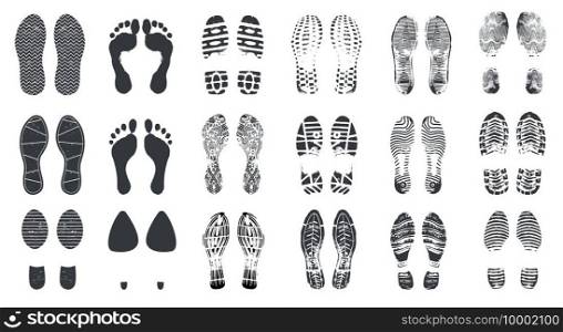 Footprint silhouettes. Barefoot, sneaker and shoes steps with dirt texture. Walking boot footprints, foot imprints vector isolated set. Footwear footprint, inprint track bare and shoe illustration. Footprint silhouettes. Barefoot, sneaker and shoes steps with dirt texture. Walking boot footprints, foot imprints vector isolated set