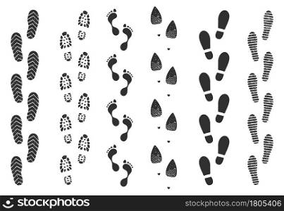 Footprint track, human walking footstep trails. Shoe foot print route, walk footprints path, dirty boot imprint trail silhouette vector set. Female and male trace, trekking or hiking concept. Footprint track, human walking footstep trails. Shoe foot print route, walk footprints path, dirty boot imprint trail silhouette vector set