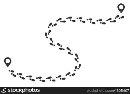Footprint trail, human walking route, footsteps track. Shoe print path with gps pointers. Boot shoes sole silhouette, footstep prints vector. Outgoing step dirty imprints to location mark. Footprint trail, human walking route, footsteps track. Shoe print path with gps pointers. Boot shoes sole silhouette, footstep prints vector