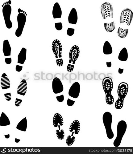 Footprints and shoes footmark vector silhouette icons set. Footprints and shoes footmark vector silhouette icons set. Shoe print, sole shoe track, footprint shoe illustration