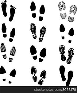 Footprints and shoes footmark vector silhouette icons set. Footprints and shoes footmark vector silhouette icons set. Shoe print, sole shoe track, footprint shoe illustration