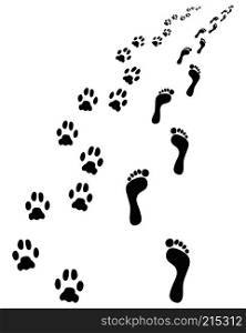 Footprints of bare feet and paws dog, turn right