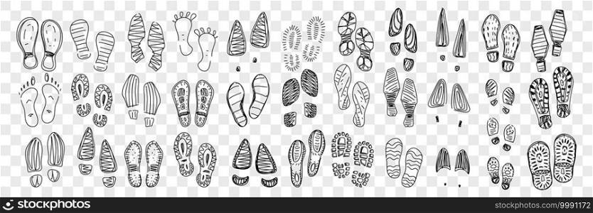 Footprints of boots and foot doodle set. Collection of hand drawn barefoot and boots footprints in rows with various patterns isolated on transparent background. Footprints of boots and foot doodle set