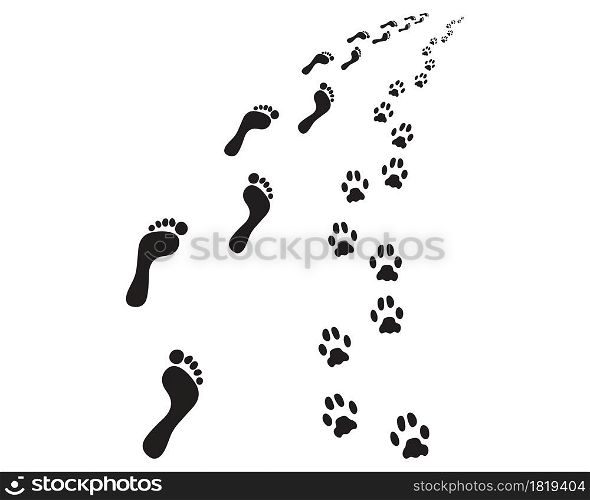 Footprints of man and dog on a white background, turn left or right