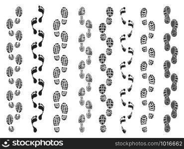 Footprints shapes. Movement direction of human shoes boots walking footprints vector silhouettes. Footprint and imprint trail, footwear human walking illustration. Footprints shapes. Movement direction of human shoes boots walking footprints vector silhouettes