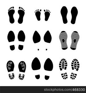 Footprints. Shoes and legs human steps, baby child and grown man footsteps, people funny step prints symbols. Vector different footprint set. Footprints. Shoes and legs human steps, baby child and grown man footsteps, people funny step prints symbols. Vector footprint set