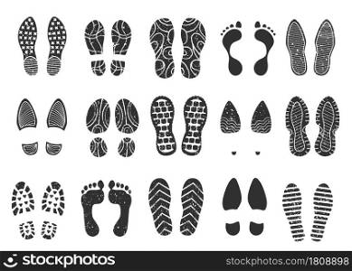 Footprints silhouette, footsteps, boot sneaker shoe print. Human barefoot imprint, dirty shoes sole prints, footprint steps. Vector set. Different black marks, pair of shoes walking. Footprints silhouette, footsteps, boot sneaker shoe print. Human barefoot imprint, dirty shoes sole prints, footprint steps. Vector set