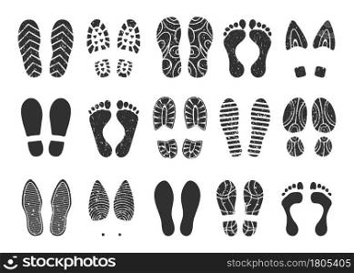 Footprints steps, sneaker or boot shoe print, human footprint. Shoes soles prints, barefoot, grunge foot imprint, footstep silhouette vector set. Footwear trail, male and female trace. Footprints steps, sneaker or boot shoe print, human footprint. Shoes soles prints, barefoot, grunge foot imprint, footstep silhouette vector set