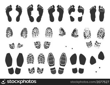 Footstep icon. Footprint black symbols collection. Bare human feet and shoe print tracks. Pairs of sneaker and boot sole traces. Male and female footwear stamps. Vector isolated dirty leg imprints set. Footstep icon. Footprint black symbols collection. Bare human feet and shoe print tracks. Sneaker and boot sole traces. Male and female footwear stamps. Vector dirty leg imprints set