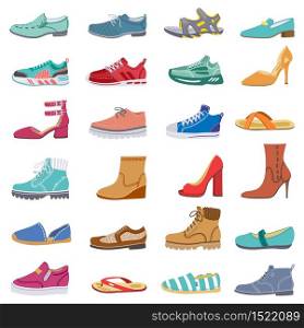 Footwear collection. Male and female shoes, sneakers, flat and boots, trendy winter, spring shoes, elegant footwear vector illustration icons set. Female footwear and sneakers, foot shoes fashionable. Footwear collection. Male and female shoes, sneakers, flat and boots, trendy winter, spring shoes, elegant footwear vector illustration icons set