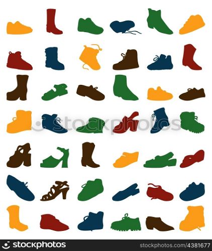 Footwear. Collection of silhouettes of footwear. A vector illustration