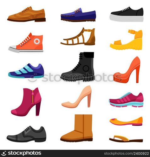 Footwear flat colored icons set of male and female shoes boots sandals for different seasons isolated vector illustration . Footwear Colored Icons Set