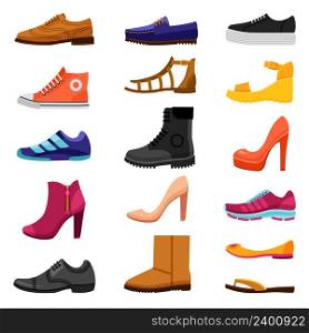Footwear flat colored icons set of male and female shoes boots sandals for different seasons isolated vector illustration . Footwear Colored Icons Set