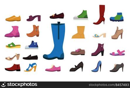Footwear for women flat vector illustrations set. Collection of stylish female shoes for different seasons, sandals, boots, sneakers, high heels isolated on white background. Fashion, clothing concept