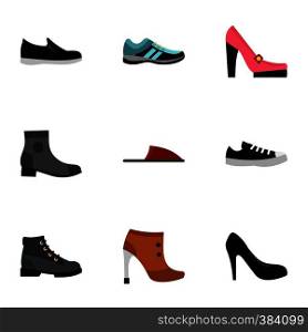 Footwear icons set. Flat illustration of 9 footwear vector icons for web. Footwear icons set, flat style