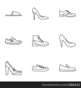 Footwear icons set. Outline illustration of 9 footwear vector icons for web. Footwear icons set, outline style