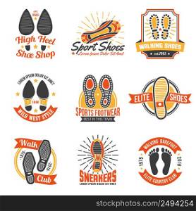 Footwear stores and suppliers labels and emblems with soles insoles and shoes footprints icons set isolated vector illustration. Footwear Labels With Footprints Icons Set