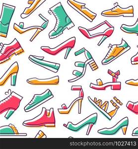 Footwear vector seamless pattern. Shoes background. White texture, hand drawn color icons. Fashion sandals. High heels. Women boots. Footgear wrapping paper, wallpaper design