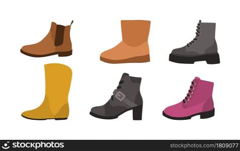 Footwear. Winter types of shoes for men and women. Fashionable casual style. Warm boots collection. Modern foot clothing. Side view on comfortable leather footgear. Vector trendy accessories set. Footwear. Winter types of shoes for men and women. Fashionable casual style. Warm boots collection. Modern clothing. Side view on comfortable leather footgear. Vector accessories set