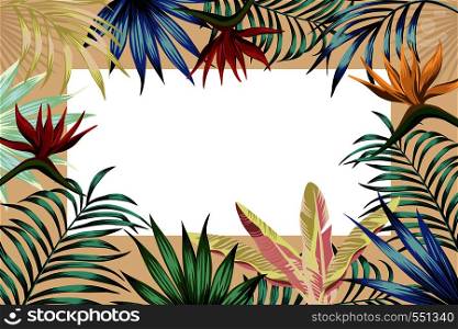 For any event invitation card template. Exotic tropical jungle rainforest multicolor vivid palm tree and monstera leaves hibiscus flowers border frame design for banner or flyer on the white background. Horizontal layout