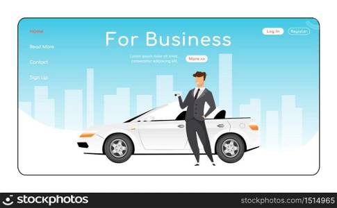 For business landing page flat color vector template. Car rental company homepage layout. Corporate transportation one page website interface with cartoon character. Auto leasing web banner, webpage