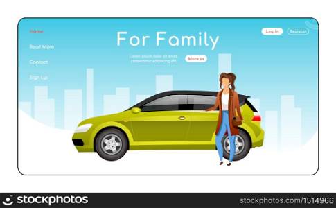 For family landing page flat color vector template. Automobile dealership service homepage layout. Car sale one page website interface with cartoon character. Spacious hatchback web banner, webpage