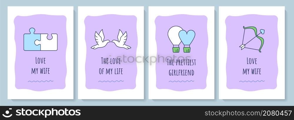 For her greeting card with color icon element set. Loving wife and girlfriend. Postcard vector design. Decorative flyer with creative illustration. Notecard with congratulatory message. For her greeting card with color icon element set