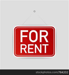 For rent hanging sign on white background. Sign for door. Vector stock illustration.