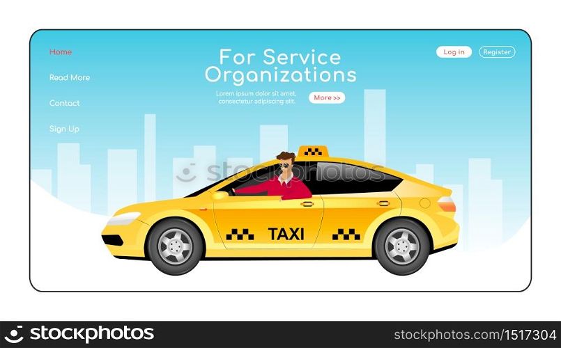 For service organizations landing page flat color vector template. Express taxi delivery homepage layout. Cab order one page website interface with cartoon character. City travel web banner, webpage