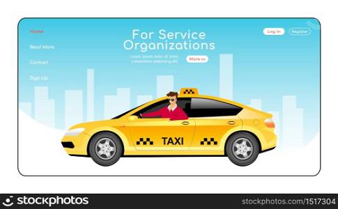 For service organizations landing page flat color vector template. Express taxi delivery homepage layout. Cab order one page website interface with cartoon character. City travel web banner, webpage