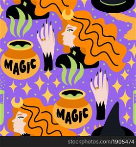 For textile, wallpaper, wrapping, web backgrounds and other pattern fills. Vector seamless pattern on the theme of magic witch, cauldron, potion, cat under hat