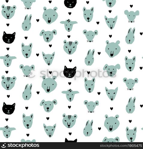 For textile, wallpaper, wrapping, web backgrounds and other pattern fills. Vector seamless pattern in geometric style with funny animal faces