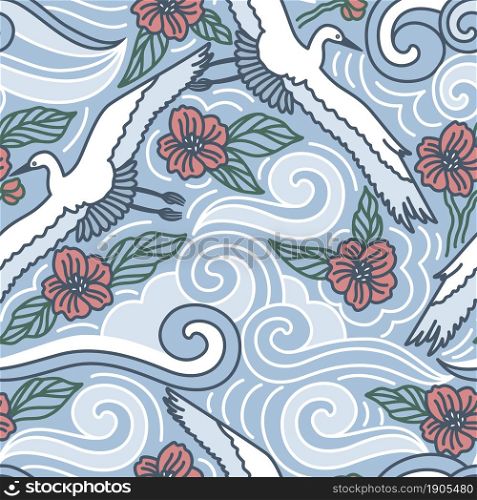 For textile, wallpaper, wrapping, web backgrounds and other pattern fills. Vector seamless pattern with abstract waves of clouds and flying cranes Cloudy sky, birds and flowers