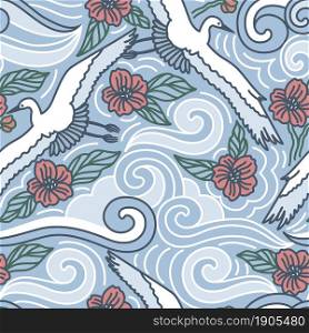 For textile, wallpaper, wrapping, web backgrounds and other pattern fills. Vector seamless pattern with abstract waves of clouds and flying cranes Cloudy sky, birds and flowers
