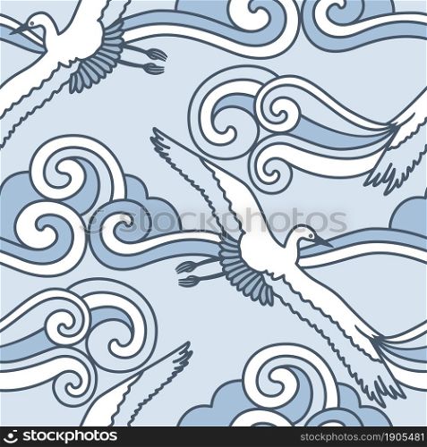 For textile, wallpaper, wrapping, web backgrounds and other pattern fills. Vector seamless pattern with abstract waves of clouds and flying cranes Cloudy sky and birds