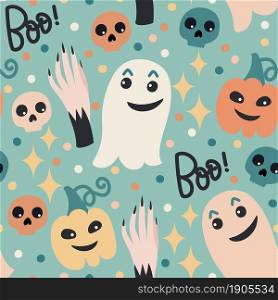 For textile, wallpaper, wrapping, web backgrounds and other pattern fills. Vector seamless pattern on the theme of halloween with ghosts, pumpkins and skulls