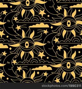 For textile, wallpaper, wrapping, web backgrounds and other pattern fills. Vector seamless pattern with fantasy celestial objects sun, stars and moon