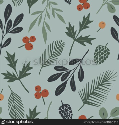 For textile, wallpaper, wrapping, web backgrounds and other pattern fills. Vector seamless pattern with leaves, twigs and berries of the autumn forest