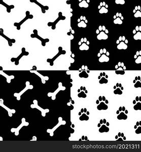 For textile, wallpaper, wrapping, web backgrounds and other pattern fills. Vector set of 4 seamless patterns with paws and bones Black and white surface pattern designs