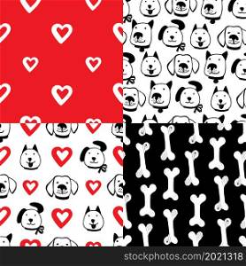For textile, wallpaper, wrapping, web backgrounds and other pattern fills. Vector set of 4 seamless patterns with smiling dog faces, bones and hearts