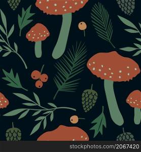 For textile, wallpaper, wrapping, web backgrounds and other pattern fills. Vector seamless pattern with forest plants and mushrooms