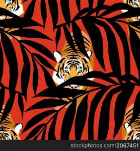 For textile, wallpaper, wrapping, web backgrounds and other pattern fills. Vector seamless pattern with tiger lurking in the jungle